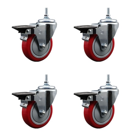 Service Caster 4 Inch Red Polyurethane 38 Inch Threaded Stem Caster Set with Brake SCC-TS20S414-PPUB-RED-PLB-381615-4